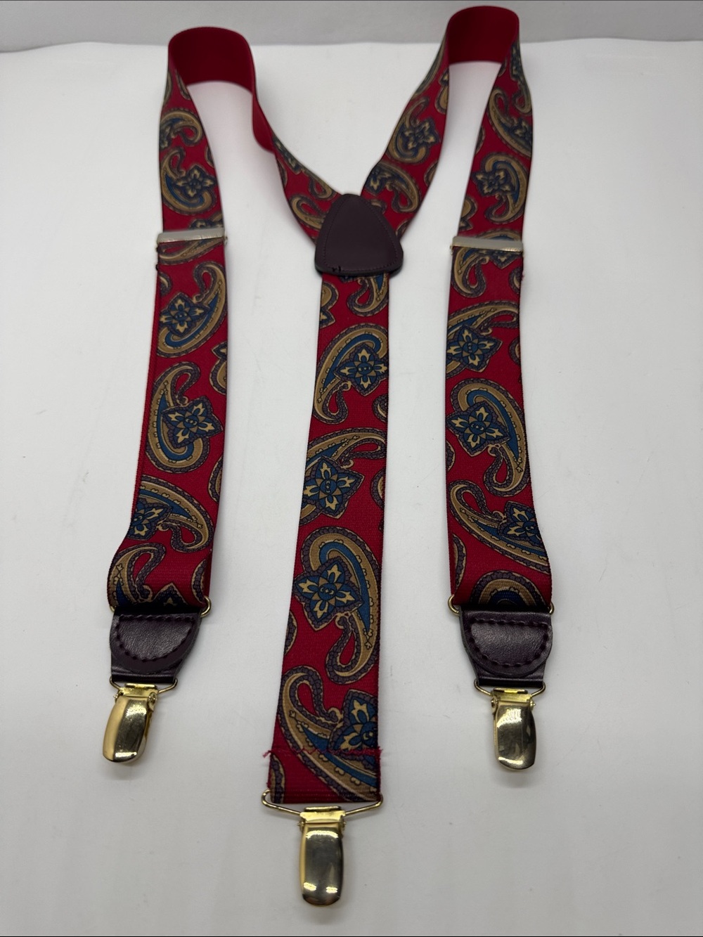 True Vintage COS west Germany Red Paisley Men's Suspenders with Gold Clips #0136